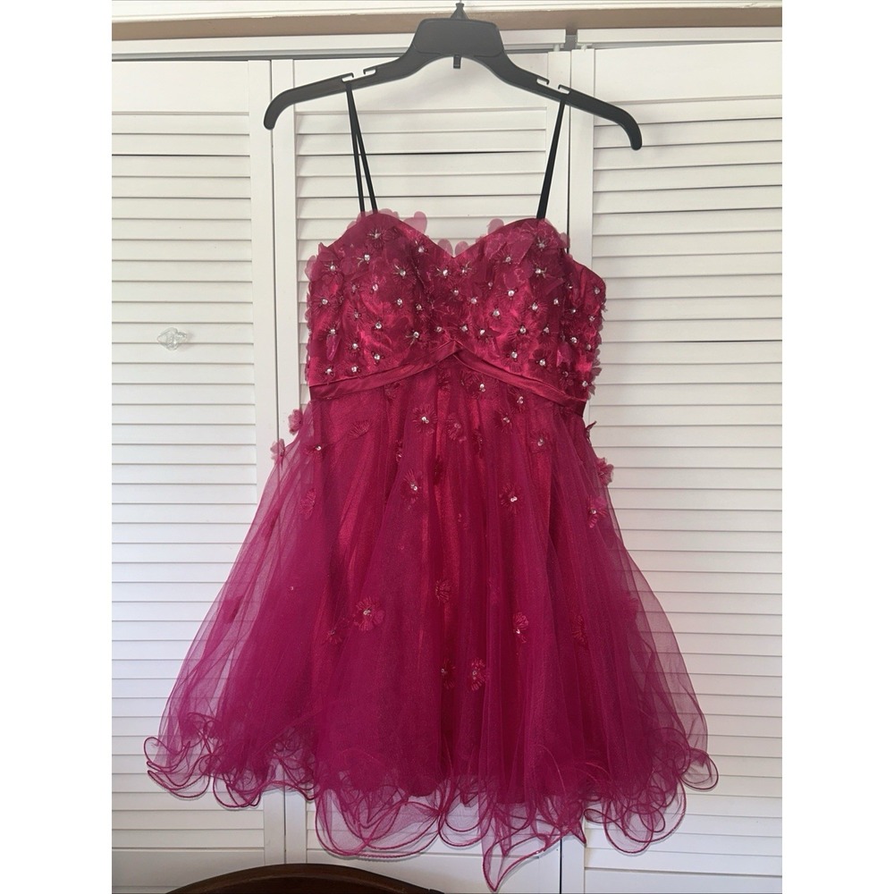 Magenta Floral Tulle Party Dress Sequin 3D Flower Corset Back DY83A070Size 13/14